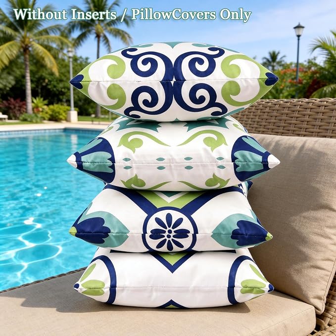 Outdoor Pillow Covers 18x18 Set of 4, Blue Green Morden Geometric Pattern Waterproof Throw Pillow Cover, Decorative Boho Farmhouse Cushion Cases for Summer Patio Funiture Garden Bench Couch