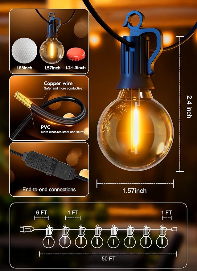 Outdoor String Lights, 50FT 52 LED Bulbs Connectable Patio Lights (2 Spare) | G40 Outside Vintage Hanging Light for Backyard Bistro Balcony Porch Christmas Party Wedding, E12, 2200K, Black