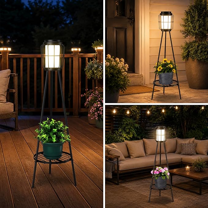 VISFLAIR 2 Pack Solar Lights with Plant Stand, Outdoor Floor Lamps, Waterproof Solar Powered Floor Lamps for Patio Deck Porch Yard Garden Decor