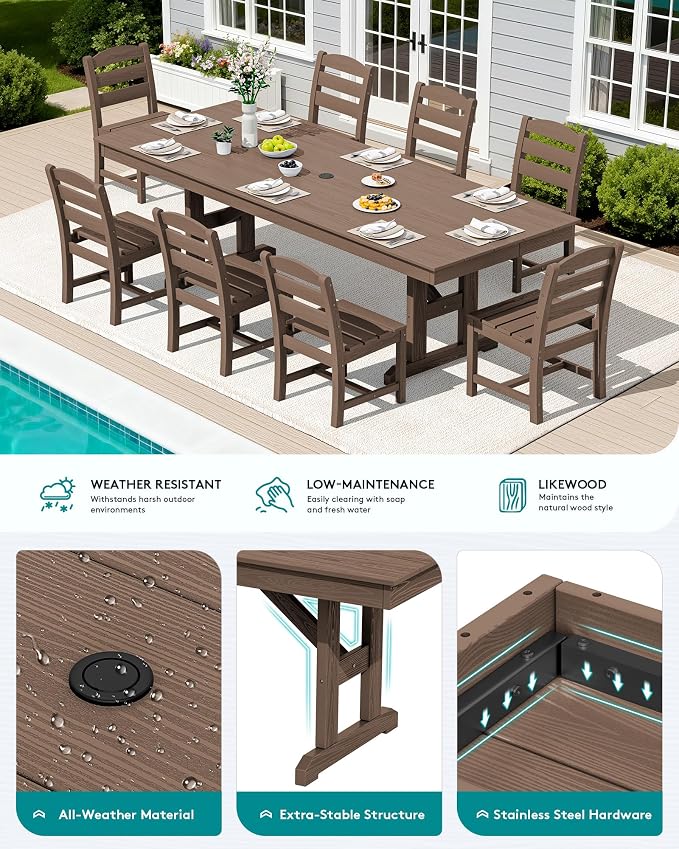 SERWALL 9 Piece Outdoor Dining Set, 84" HDPE Outdoor Table and Armless Chairs Set for 8，All Weather Patio Furniture Set with Umbrella Hole for Backyard, Garden, Brown