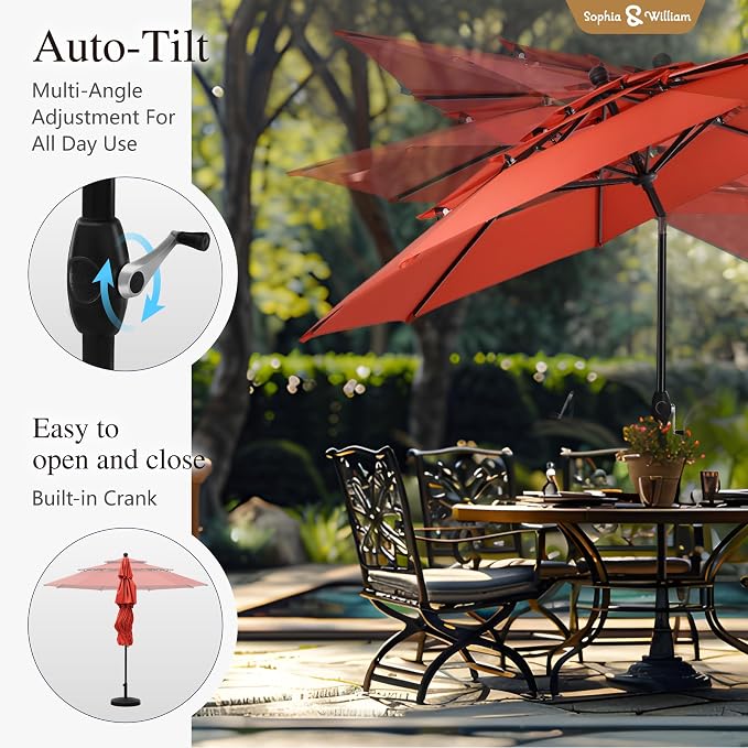 Sophia & William Patio Dining Set for 4 with 10ft 3 Tier Auto-tilt Umbrella, Outdoor Table Furniture Set with 4 x Metal Outdoor Chairs, 1 x Metal Square Dining Table and 1 Orange Red Patio Umbrella