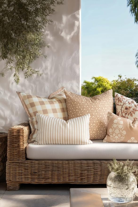 Modern Farmhouse California Casual Indoor Outdoor Lumbar Pillow Cover, 12"x20" Water Repellent for Patio, Backyard, Couch, Poolside, Ivory Cream Tan Print Wave Stripes