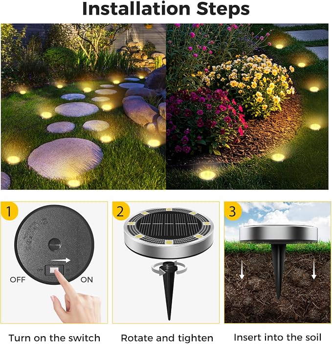 30 Pack Solar Ground Lights Outdoor, 8 LED Mini Flat Solar Disc Lights, IP65 Waterproof Pathway Lights Solar Powered, Landscape Lighting for Garden Walkway Driveway Yard Lawn,Warm White