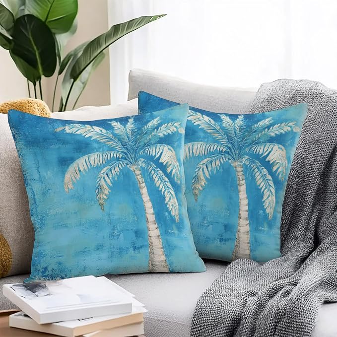 Coastal Beach Tree Blue Outdoor Waterproof Pillow Covers, Vintage Summer Palm Tree Decorative Square Throw Pillowcase, Tropical Botanical Sofa Cushion Sham for Patio/Couch/Chair, 24"x24" 2 Pack