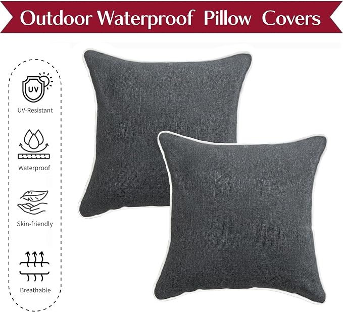 HER HWA Outdoor Pillow Covers White Piping 18"x18" Set of 2, Carbon Gray | durable fade-resistant water-resistant 100% polyester white piping smooth zipper machine washable for indoor outdoor décor