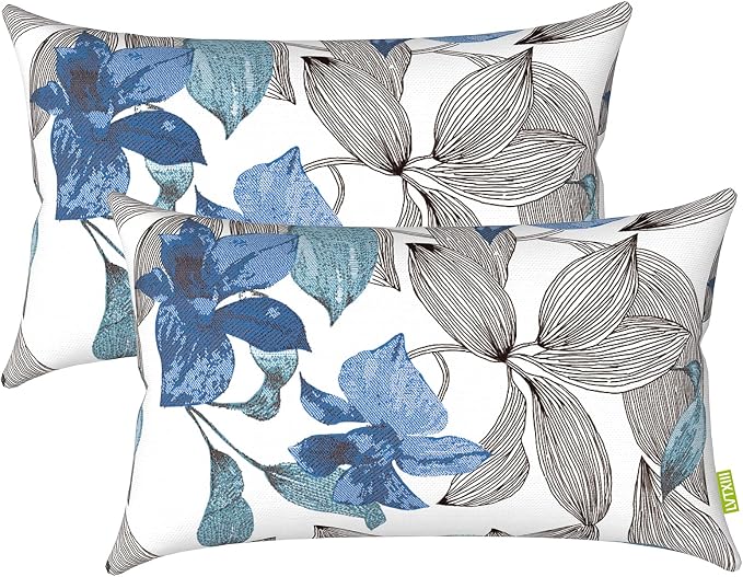 LVTXIII 12×20 Inch Outdoor Lumbar Pillows, Pack of 2 Water Repellent Lumbar Pillow with Inserts, Fluffy Decorative Garden Lumbar Cushions for Home Patio Coach Sofa Use, Clemens Noir Blue