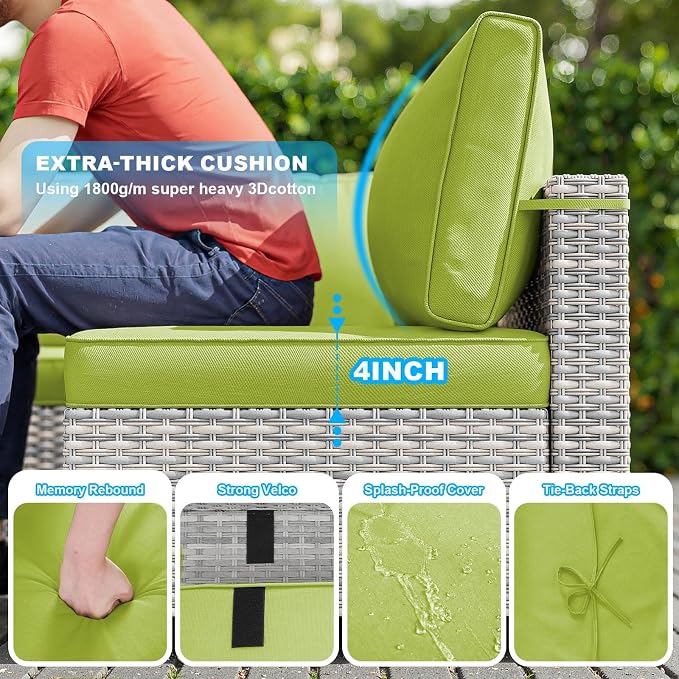 10-Piece Patio Furniture Set, Outdoor Patio Furniture with Swivel Chairs Set, Thick Cushions, Modular Patio Sofa, Dual-Strand Rattan, Rust-Resistant Frame, Grass Green