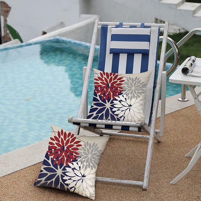 DFXSZ Pack of 2 Outdoor Waterproof Throw Pillow Covers 20x20 Red Blue | Polyester Spring Summer 4TH Of July Floral Decorative Cushion Cases(NO INSERT),For Couch Patio Funiture Garden Home Decor