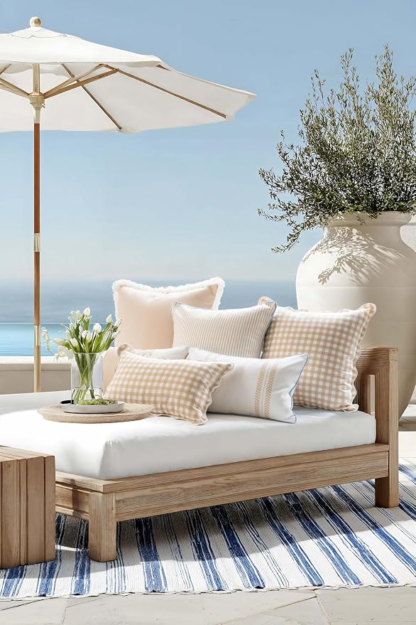 Hofdeco Premium Coastal Hampton Patio Indoor Outdoor Lumbar Pillow Cover Only, 12"x20" Water Repellent for Backyard, Couch, Poolside, Neutral Tan Blue Print Leaf Striped