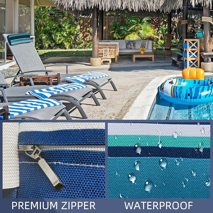 Outdoor Pillow for Chaise Lounge Chair, 4 Pack Chaise Lounge Pillows Water Resistant Head Support Pillow with Adjustable Strap for Patio Garden Pool Beach Chairs, Blue Stripes