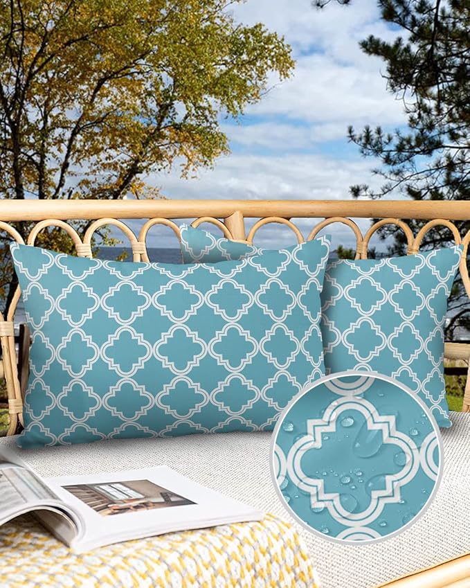 Outdoor Waterproof Pillow Covers for Patio Furniture Moroccan Pattern Decorative Throw Pillow Cover Blue Geometric Trellis Pillowcases Set of 2 Cushion Case for Sofa Couch Chair Home Decor 20x12 inch