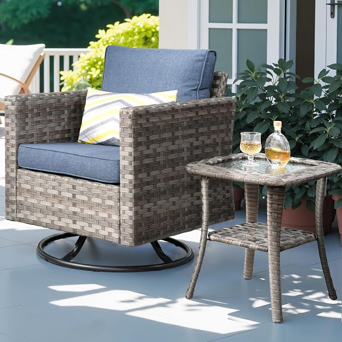 ovios Outdoor Side Table with Tempered Glass Top, Patio Wicker Rattan 2-Tier Storage Coffee End Tables for Porch Deck Balcony Garden Poolside (Light Grey-Small Size)