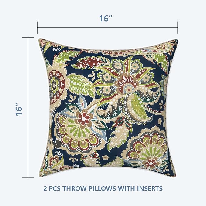 LVTXIII Set of 2 Patio Throw Pillows 16"x16" Fade Resistant Outdoor Throw Pillows with Inserts, Fluffy Decorative Garden Toss Pillow Cushions for Home Coach Sofa Use, Paisley Sapphire Blue