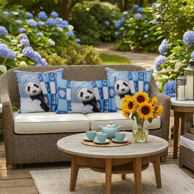 Bathing Panda Waterproof Outdoor Pillow Covers Set of 2 Home Decor, Funny Animal Showering Lumbar Pillowcase Patio Pillow Covers for Couch Bench Patio Furniture Garden 20x20in