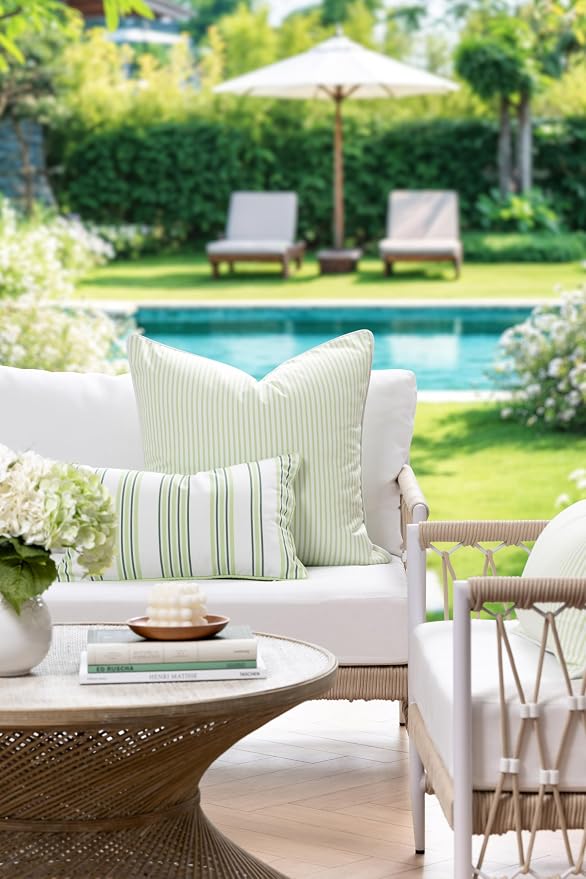 Hofdeco Premium Coastal Hampton Outdoor Performance Lumbar Pillow Cover Only, 12"x20" Water Repellent, UV and Fade Resistant for Backyard, Couch, Poolside, Grass Green Woven Bayside Stripes