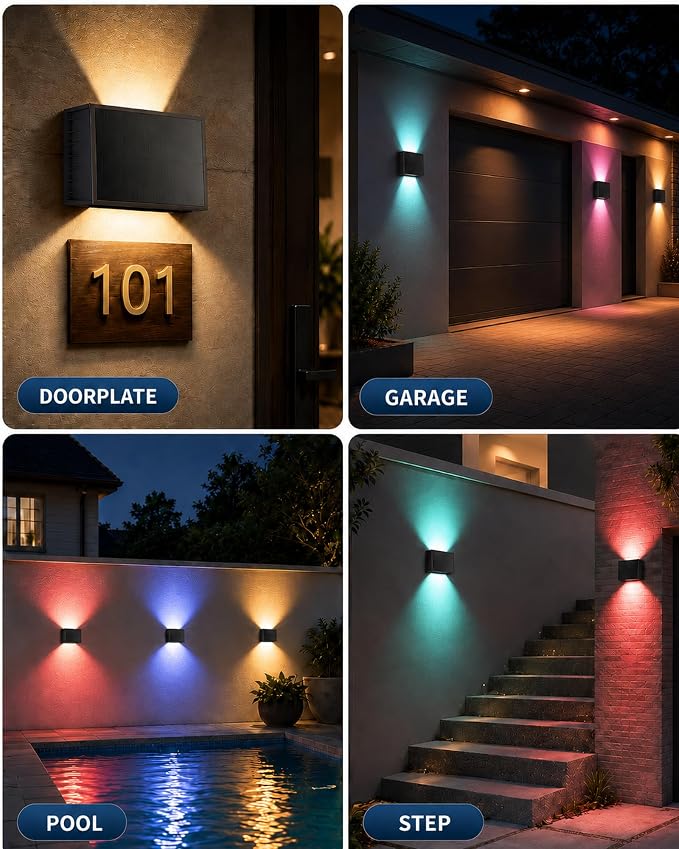 Solar Wall Lights Outdoor, Color Changing, 1 Pack | IP65 Waterproof Up and Down Wall Lighting, Solar Outdoor Light Decorative for Porch, Garage, Doorway, Patio, Fence