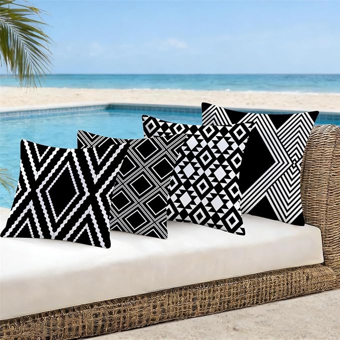 NIGHTWISH Outdoor Waterproof Pillow Covers 18x18 Set of 4 Black and White Modern Geometry Decorative Outdoor Throw Pillows Boho Cushion Cases for Patio Furniture Bench Couch Sunbrella