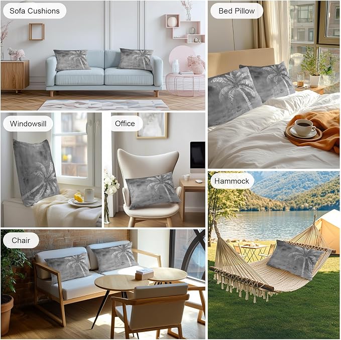 Coastal Beach Tree Grey Outdoor Waterproof Pillow Covers, Vintage Summer Palm Tropical Botanical Decorative Rectangle Throw Pillowcase Sofa Cushion Sham for Patio/Couch/Chair, 20"x12" 2 Pack