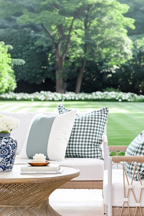 Hofdeco Premium Coastal Grandmillennial Patio Indoor Outdoor Throw Pillow Cover Only, 20"x20" Water Repellent for Backyard, Couch, Poolside, Celadon Green Print Color Block