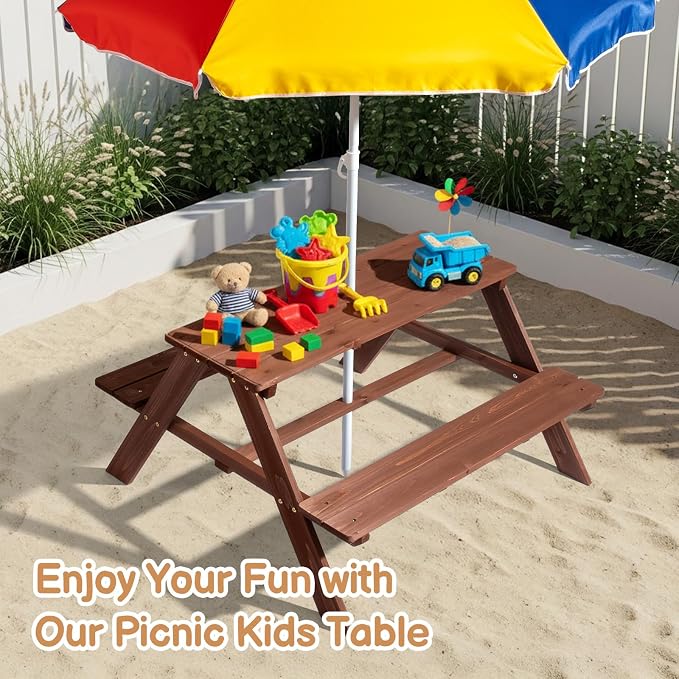 Kids Picnic Table, Wooden Toddler Picnic Table and Chair w/Removable Umbrella, Kids Outdoor Furniture for Patio Garden, Dark Brown