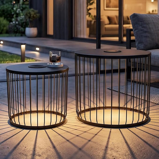 cinkehome Solar Outdoor Side Table Set of 2, All-Weather Metal Nesting Tables, Round End Table for Indoor, Patio, Poolside, Backyard, Matte Black