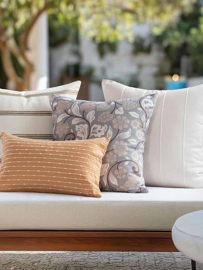 Modern Farmhouse Fall Linen Indoor Outdoor Throw Pillow Cover Only, 20"x20" Water Repellent for Patio, Backyard, Couch, Brown and Gray Floral