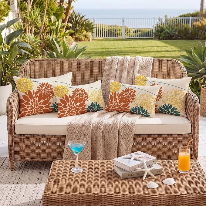 OTOSTAR Outdoor Orange Yellow Pillow Covers 12x20 Inch Set of 2 Blue Flower Throw Pillows Farmhouse Geometric Dahlia Floral Lumbar Cushion Case Waterproof Decor for Sofa Patio Funiture Garden