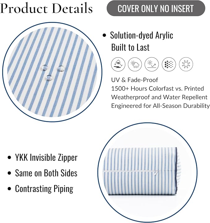Hofdeco Premium Coastal Hampton Outdoor Performance Bolster Pillow Cover Only, 6"x20" Water Repellent, UV and Fade Resistant for Backyard, Couch, Poolside, Azure Blue Indigo Woven Coastline Stripes
