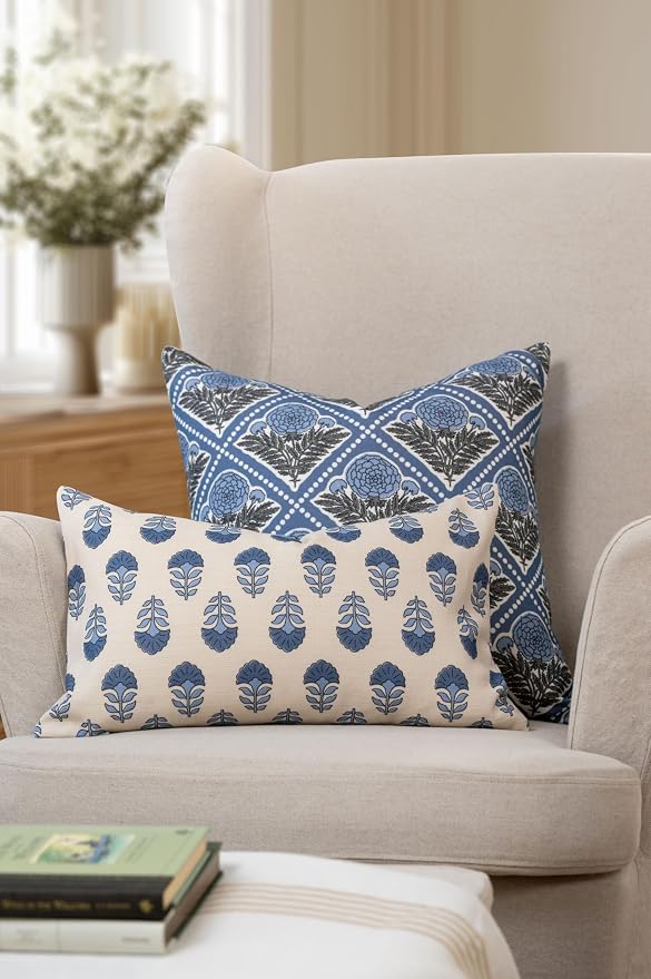 California Casual Coastal Indoor Outdoor Throw Pillow Cover, 20"x20" Water Repellent for Patio, Backyard, Couch, Azure Light Blue Block Print Vintage Hydrangea Flowers