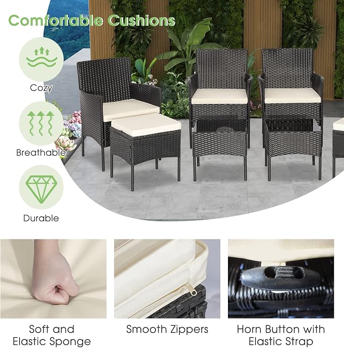 HAPPYGRILL 8 Piece Patio Furniture Set Outdoor Rattan Wicker Sofa Set with 2 Coffee Tables & 2 Ottomans, Rustproof Metal Frame, Soft Seat Cushions, Patio Wicker Conversation Set for Backyard Poolside