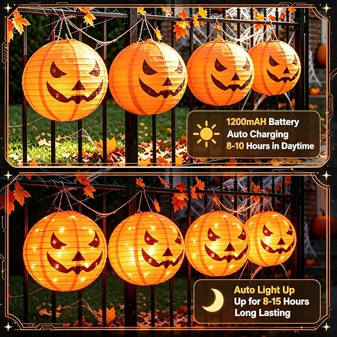 HUGSVIK 4Pcs Solar Pumpkin Lights Outdoor Hanging Halloween Decorations | 12-Inch Jack O Lantern, 160 LEDs & 8 Modes, Waterproof Outdoor Halloween Lights for Yard Porch Trick-or-Treat Party