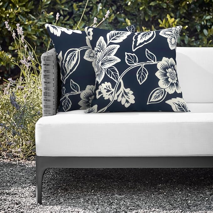 Outdoor Throw Pillows 16x16 Inch, Water Repellent Patio Pillows with Inners Set of 2 for Patio Furniture Home Graden, Elegant Vines Navy