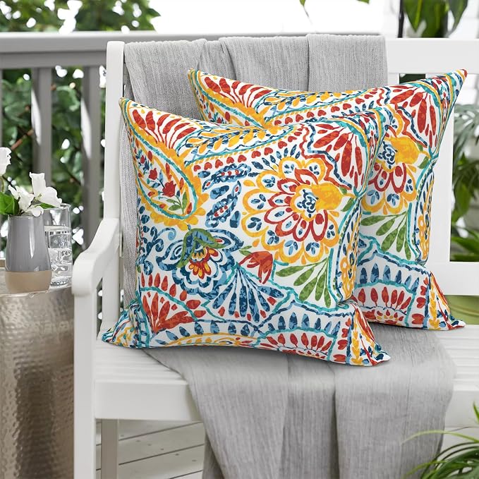 20x20 Inch Pack of 2 Patio Throw Pillow Covers ONLY, Water Repellent Cushion Cases, Square Pillowcases for Outdoor Couch Decoration, Paisley Multi
