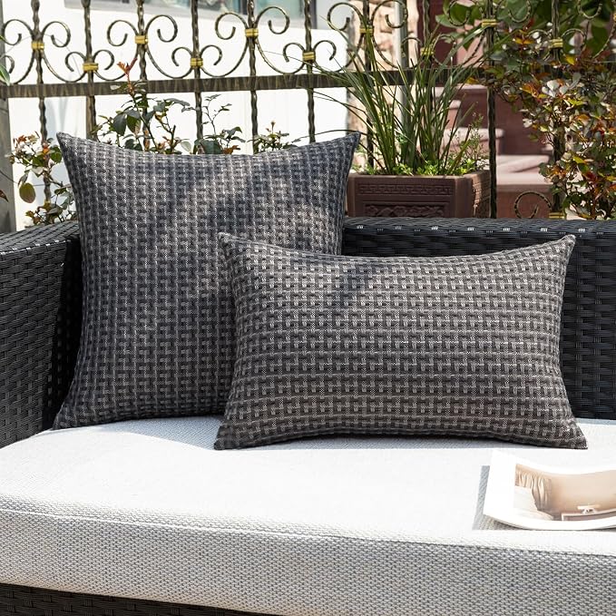 Kevin Textile Outdoor Waterproof 12"x20" Pillow Covers 2 Pack, Dark Grey | Water Resistant Weaving Faux Linen Texture Throw Pillow Covers, Outside Decorative Pillowcases for Garden Patio Balcony Couch