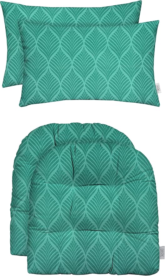 RSH DECOR: Tufted U-Shapes & Lumbars 2 of Each | 19” x 19” & 20" x 12" | Water-Resistant Spun Fabric | Outdoor Wicker Cushions & Support Pillows for Patio Furniture | Fenbrook Teal - Made in USA