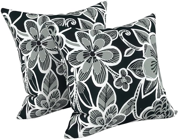 LVTXIII Outdoor Throw Pillows, Decorative Throw Pillows with Inserts, 16"x16" Square Pillows for Bed, Couch, Sofa and Patio Furniture, Set of 2, Flower Black