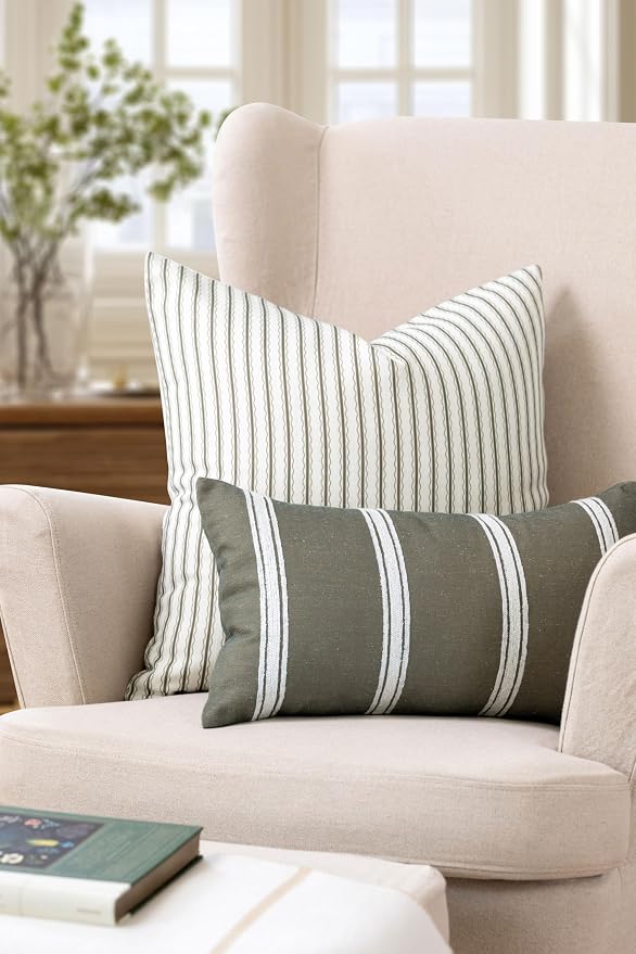 Modern Farmhouse California Casual Indoor Outdoor Throw Pillow Cover, 22"x22" Water Repellent for Patio, Backyard, Couch, Poolside, Oliver Green Print Wave Stripes