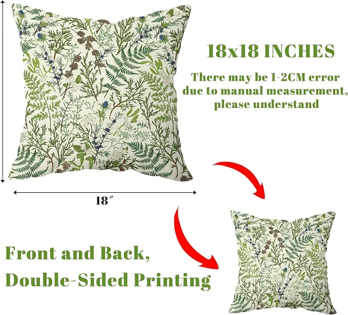 Green Plant Throw Pillow Covers 18x18 Inch Set of 2 Sage Green Botanical Leaf Pillow Covers Vintage Floral Cushion Cover Farmhouse Waterproof Decor for Living Room Bedroom Sofa Patio Outdoor
