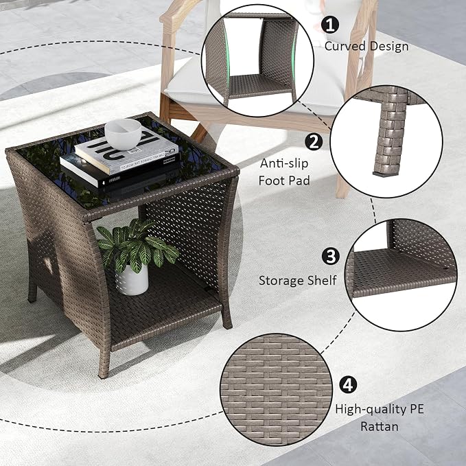 Outdoor Small Patio Table - PE Rattan Coffee Table, Wicker Side Table for Patio, Balcony & Porch, Durable & Iron Frame (1, Sesame)