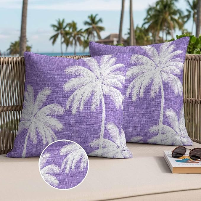 Outdoor Pillow Covers 18x18 Inch Set of 2, Purple Palm Trees Waterproof Throw Pillow Covers, Farmhouse Tropical Summer Beach Decorative Cushion Pillowcases for Couch, Sofa, Bed, Garden, Patio