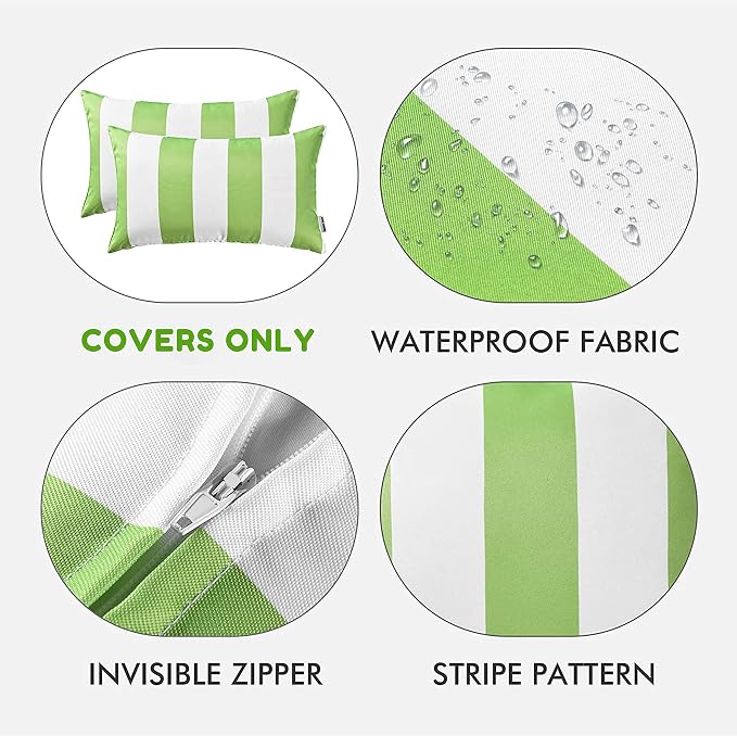 Pack of 2 Decorative Outdoor Waterproof Striped Throw Pillow Covers 12x20 | Green, Solid, Polyester Linen Garden Farmhouse Cushion Cases for Couch Sofa Patio Tent Balcony