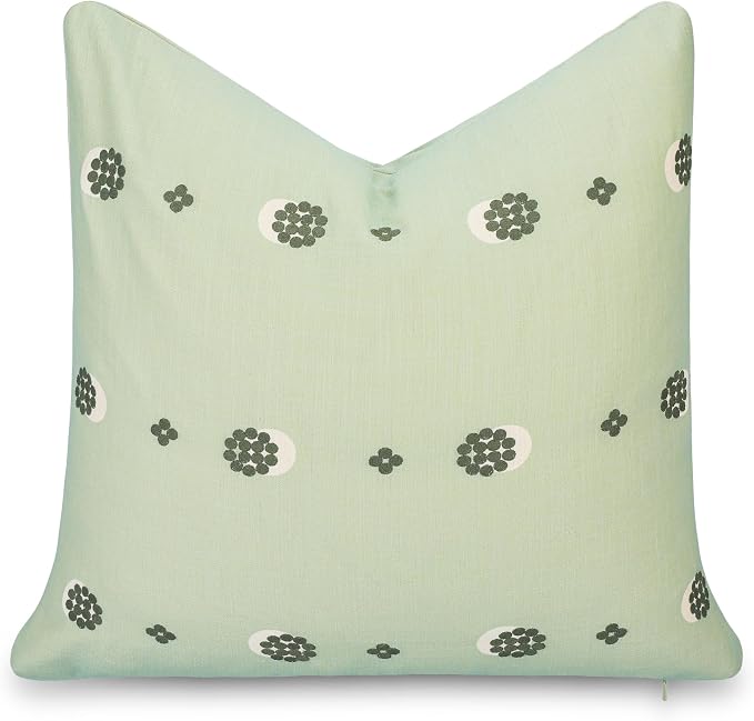 Modern Farmhouse California Casual Indoor Outdoor Throw Pillow Cover, 20"x20" Water Repellent for Patio, Backyard, Couch, Poolside, Olive Light Green Embroidered Striped Dots