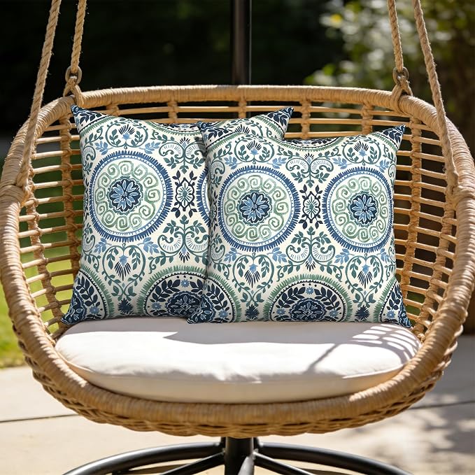 Outdoor Pillows with Insert 20x20 Inch, Waterproof Throw Pillow for Patio Furniture, Decorative Back Cushion for Garden Home Sofa Office Chair, Set of 2, Medallion Blue