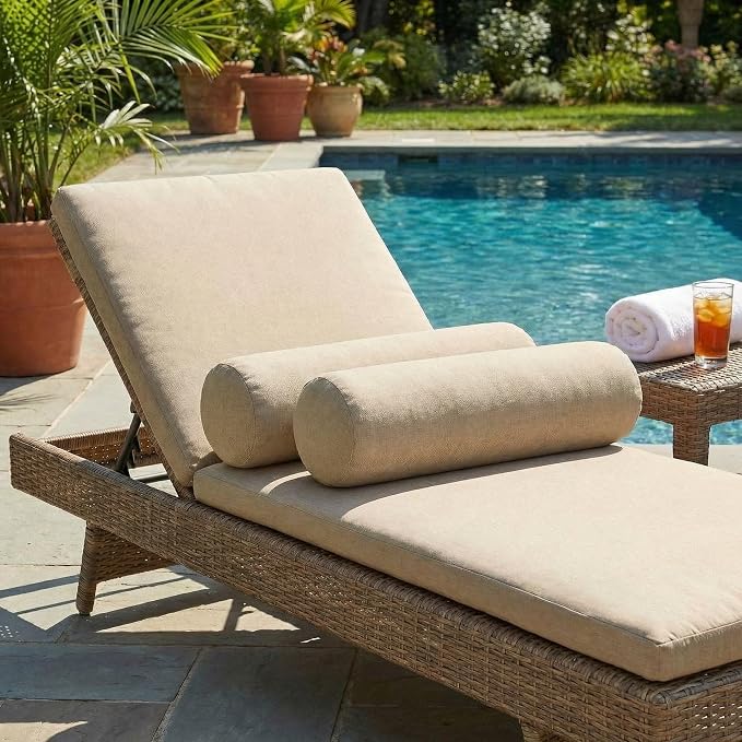 RSH DECOR: Sunbrella Neck Roll Pillows Set of 2 | 24” x 8” | Outdoor Bolster for Patio, Deck, Porch, or Poolside Chairs | Fade & Water-Resistant | Made in USA (Vesper Alpaca Stone)
