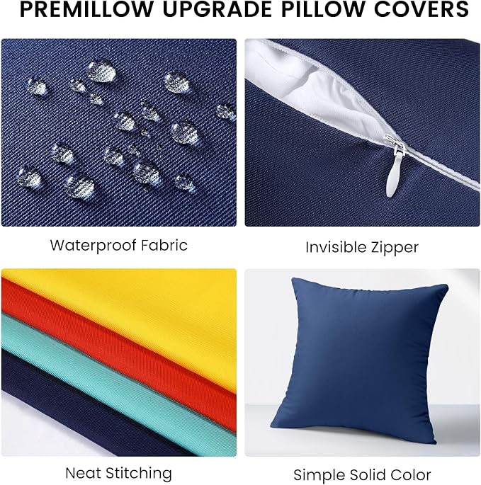 Premillow Outdoor Pillow Covers, Waterproof Pillow Covers, 18x18, Set of 2 | Decorative Waterproof Pillow Covers, Solid Linen Pillowcase,Summer Farmhouse Cushion Case for Patio Garden Balcony Couch Sofa
