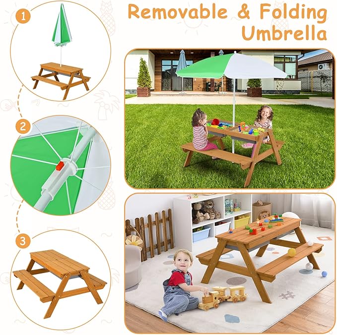 HONEY JOY Kids Picnic Table, 4 in 1 Cedar Wooden Sand & Water Table w/ 2 Removable Box & Umbrella, Kids Picnic Tables for Outdoors Backyard Garden, Toddler Patio Furniture Set for Boys Girls(Natural)