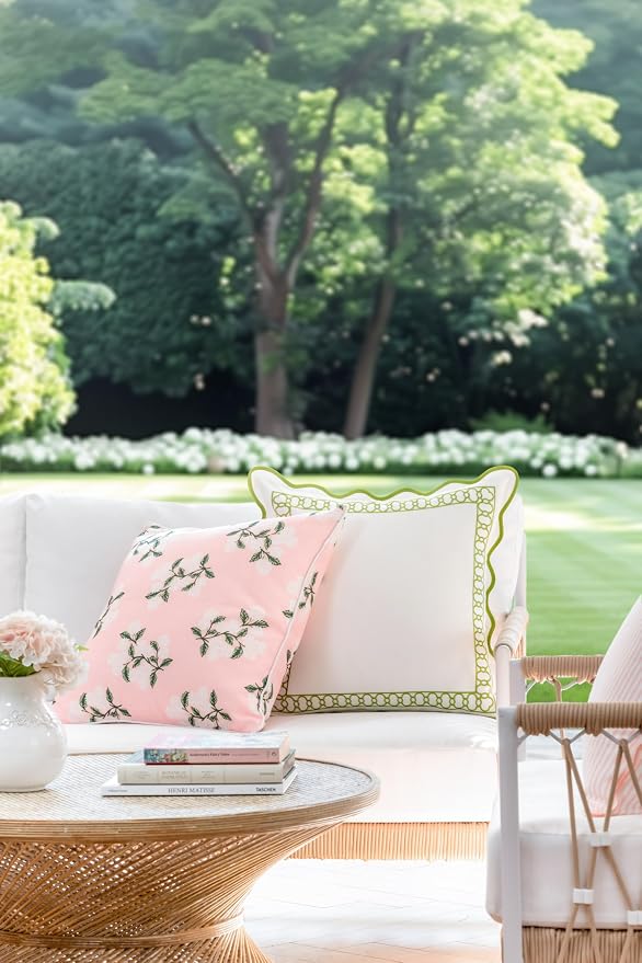 Hofdeco Premium Coastal Patio Indoor Outdoor Throw Pillow Cover Only, 20"x20" Water Repellent for Backyard, Couch, Blush Pink Print Hydrangea Flower