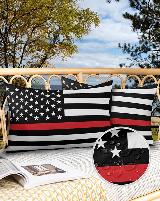 Outdoor Waterproof Pillow Covers Set of 2, Thin Red Line Flags American Firefighter Red Stripes Flag Patio Throw Pillow Covers, Decorative Cushion Case for Couch Sofa Furniture Garden, 20x12 Inch