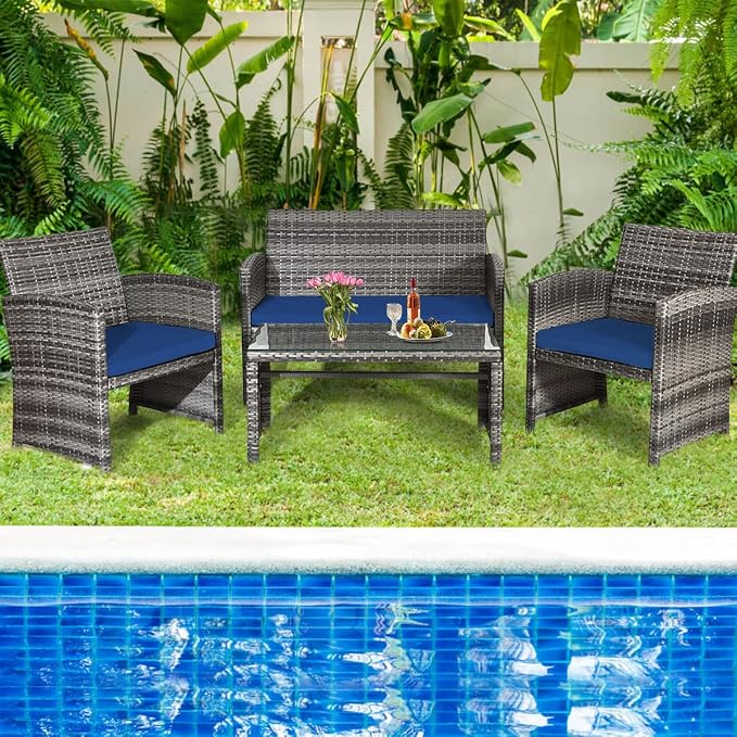 HAPPYGRILL 4-Piece Patio Conversation Set with Soft Cushions Rattan Furniture Set with PE Wicker Coffee Table & Sofa Chairs for Garden Poolside Porch Backyard