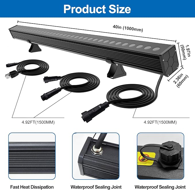 LED Wall Washer Light, 40in Linkable RGBCW Light Bar, IP65 Waterproof, App & RF Remote, 2700K-6500K Tunable White, 1%-100% Dimmable, 120V